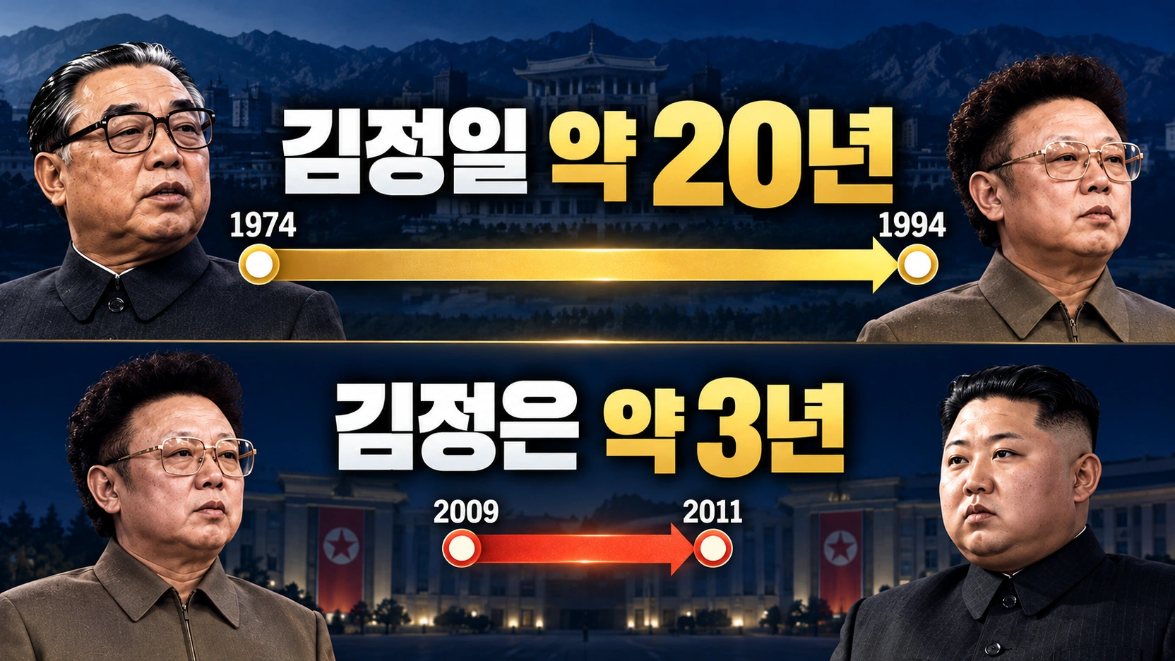 김정일과 김정은의 권력 승계 준비 기간 차이를 비교한 타임라인 인포그래픽