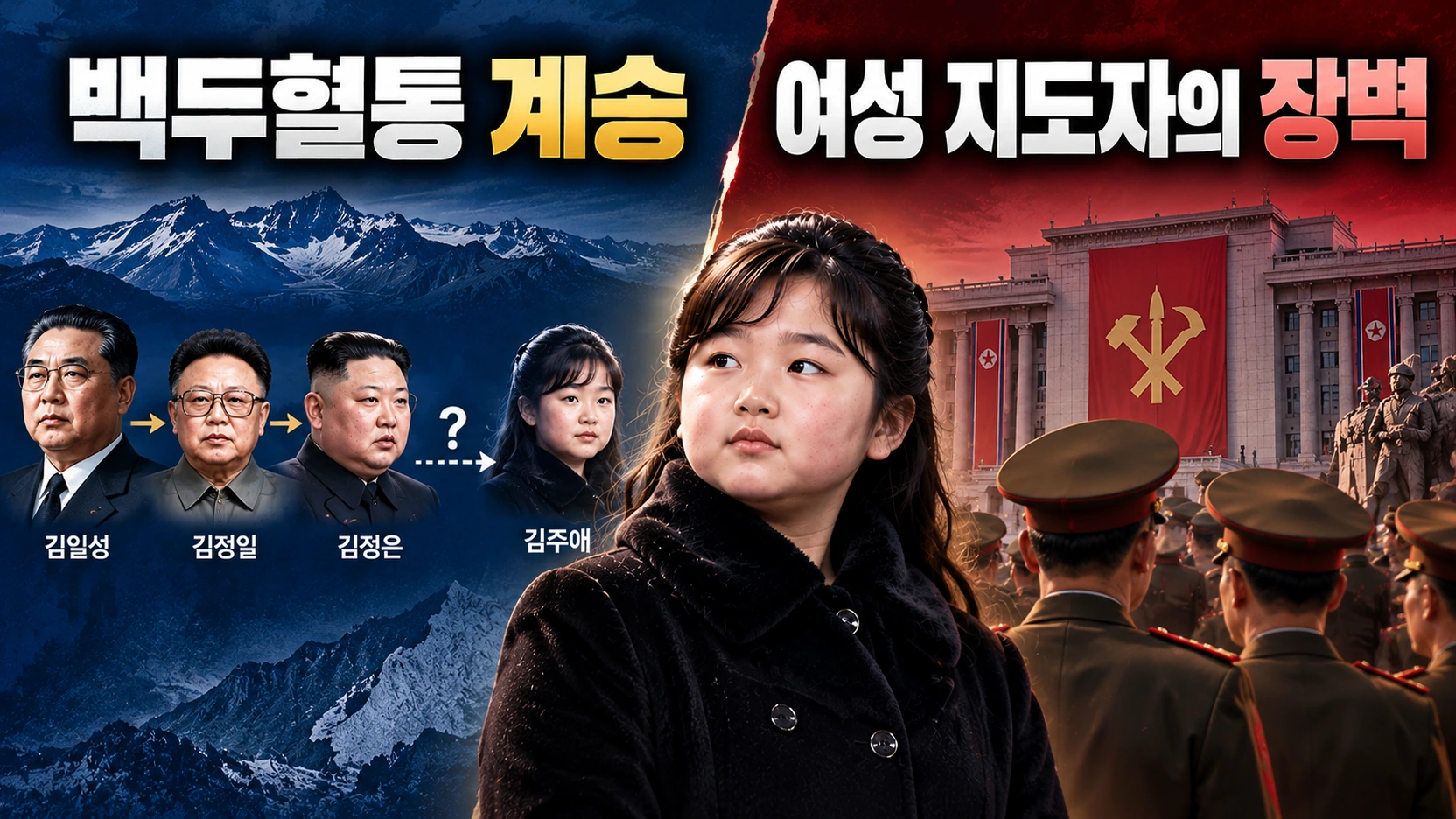 김주애의 북한 첫 여성 지도자 가능성을 둘러싼 세습 혈통과 권력 구조의 쟁점을 비교한 인포그래픽