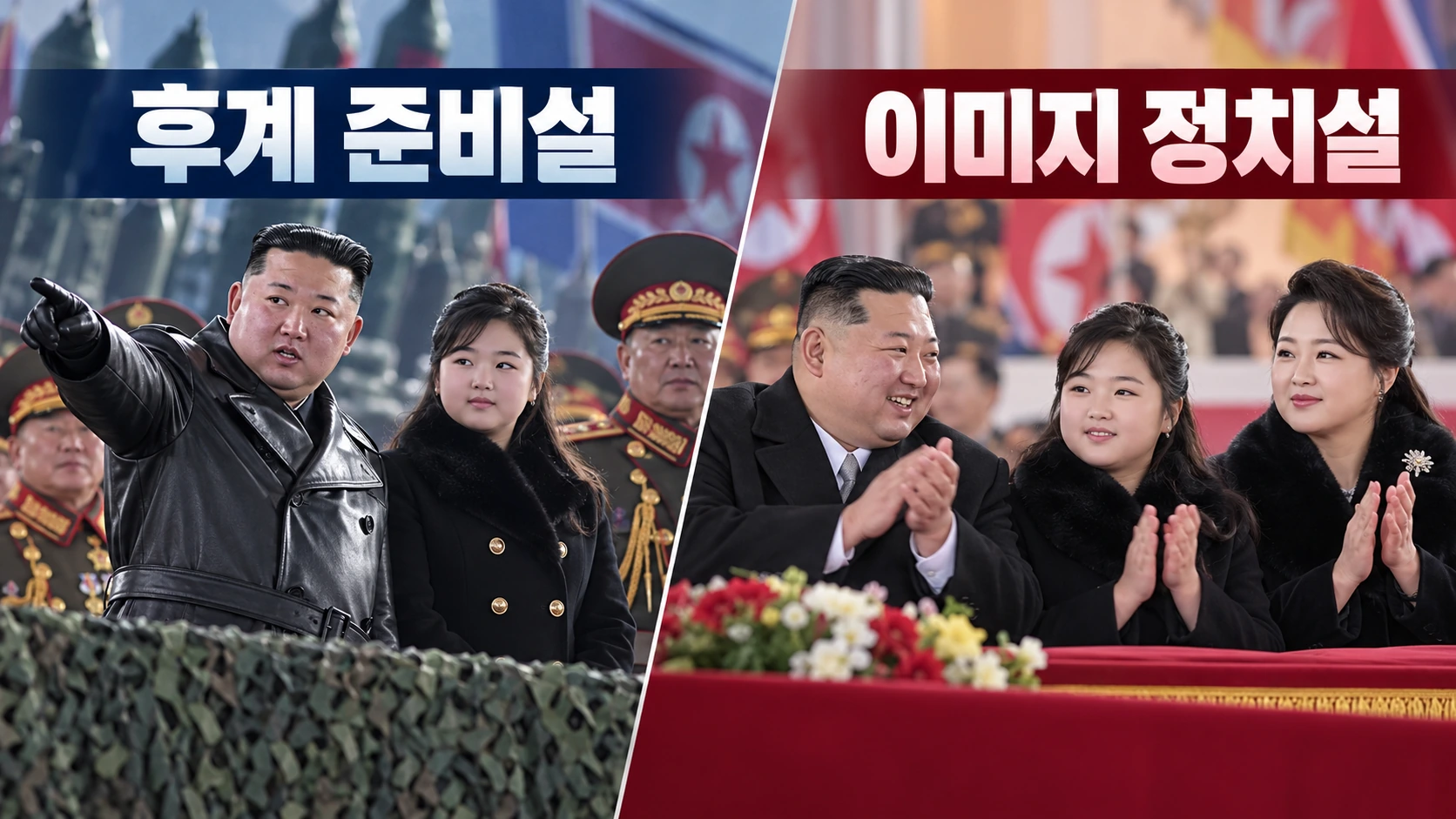 김주애 공개활동을 후계 준비와 김정은의 가족 이미지 정치라는 두 관점으로 비교한 일러스트