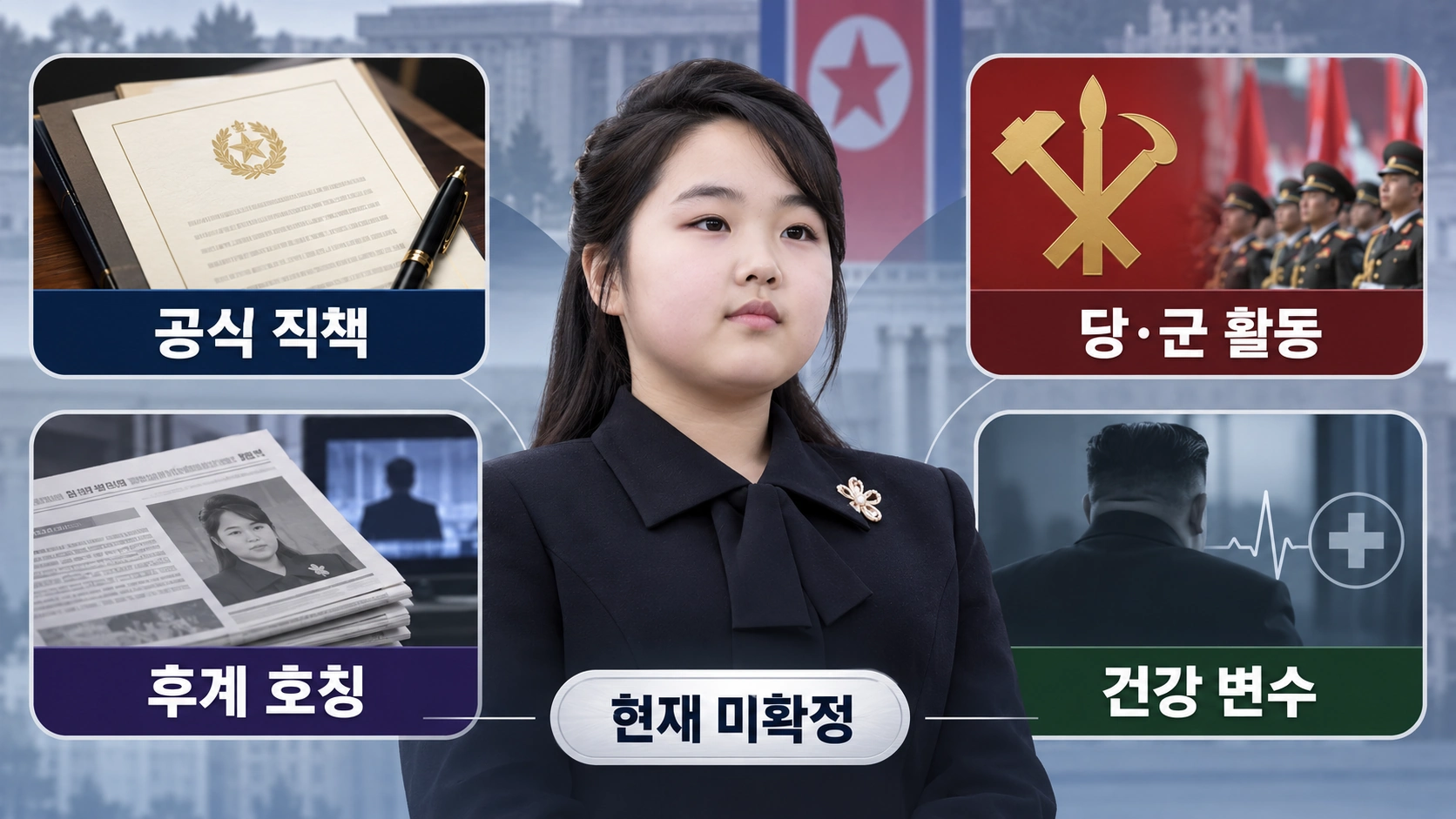 김주애의 향후 후계 공식화 여부를 판단할 주요 조건을 정리한 인포그래픽