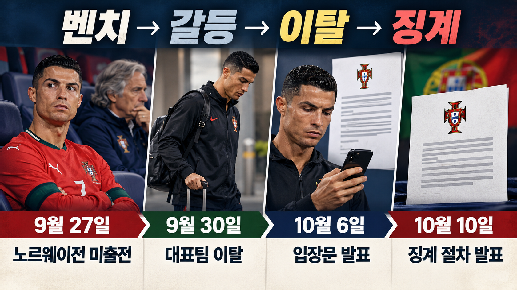 호날두의 노르웨이전 벤치 대기부터 대표팀 이탈과 징계 절차 개시까지의 사건 타임라인