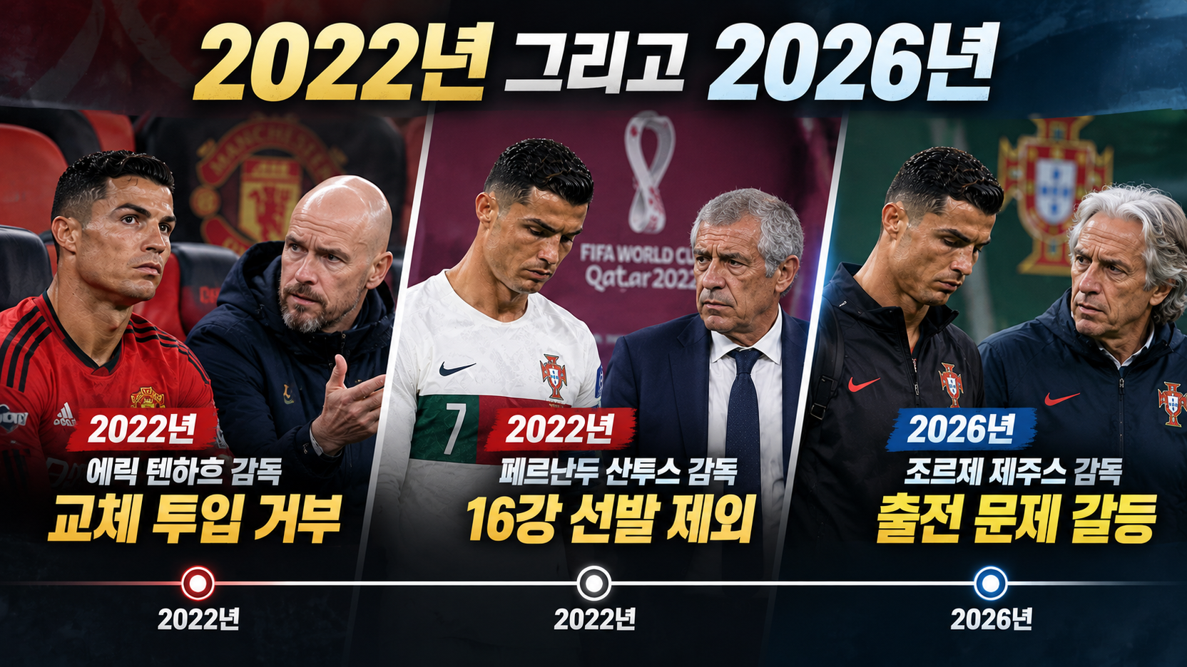 2022년 맨체스터 유나이티드와 카타르 월드컵의 호날두 벤치 논란, 2026년 포르투갈 대표팀 갈등을 비교한 타임라인