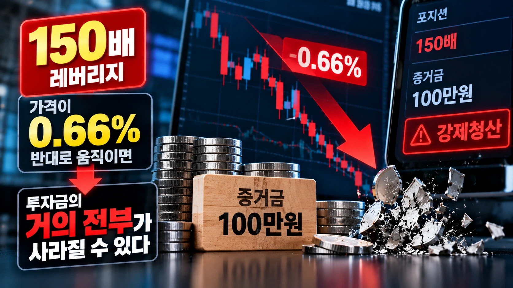 증거금 100만원으로 150배 레버리지 거래 시 1억5000만원 규모의 포지션이 생기고 0.66% 역방향 움직임에서 약 99만원의 손실이 발생하는 계산도