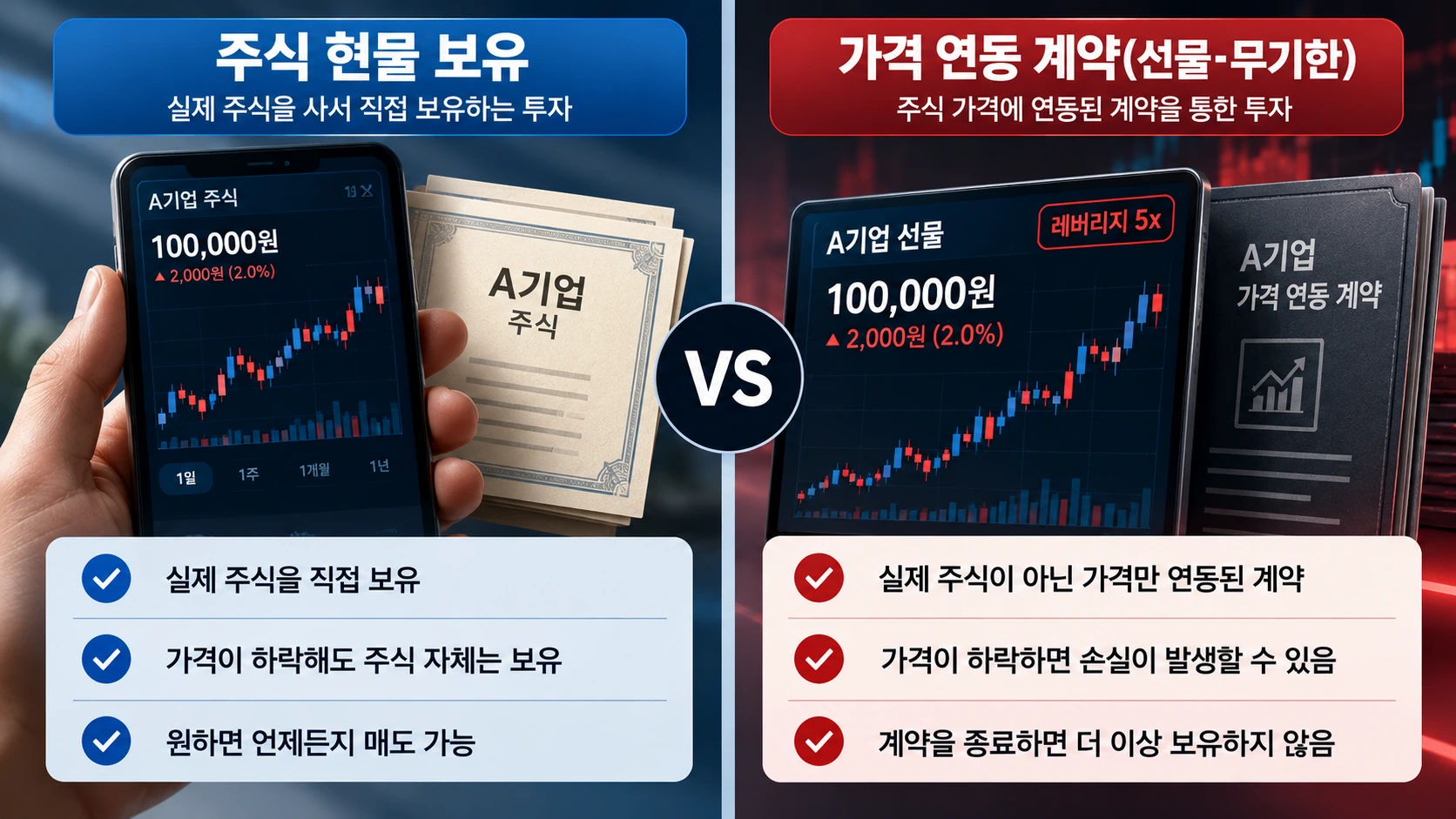 삼성전자 주식을 실제로 보유하는 현물투자와 주가 움직임에 연동된 무기한 선물 계약의 차이를 비교한 인포그래픽