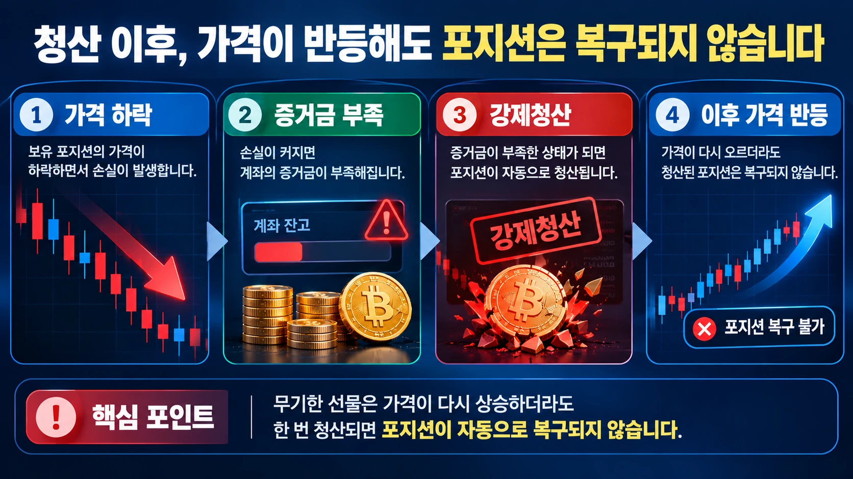 무기한 선물에서 가격 하락으로 증거금이 부족해지고 강제청산된 뒤 기초자산 가격이 반등해도 기존 포지션이 복구되지 않는 과정을 보여주는 그림