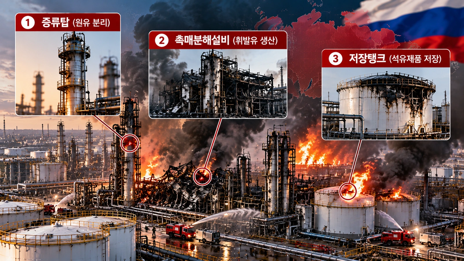 러시아 정유공장의 핵심 처리 설비가 드론 공격으로 손상되면서 휘발유와 경유 공급에 차질이 생기는 과정을 보여주는 일러스트
