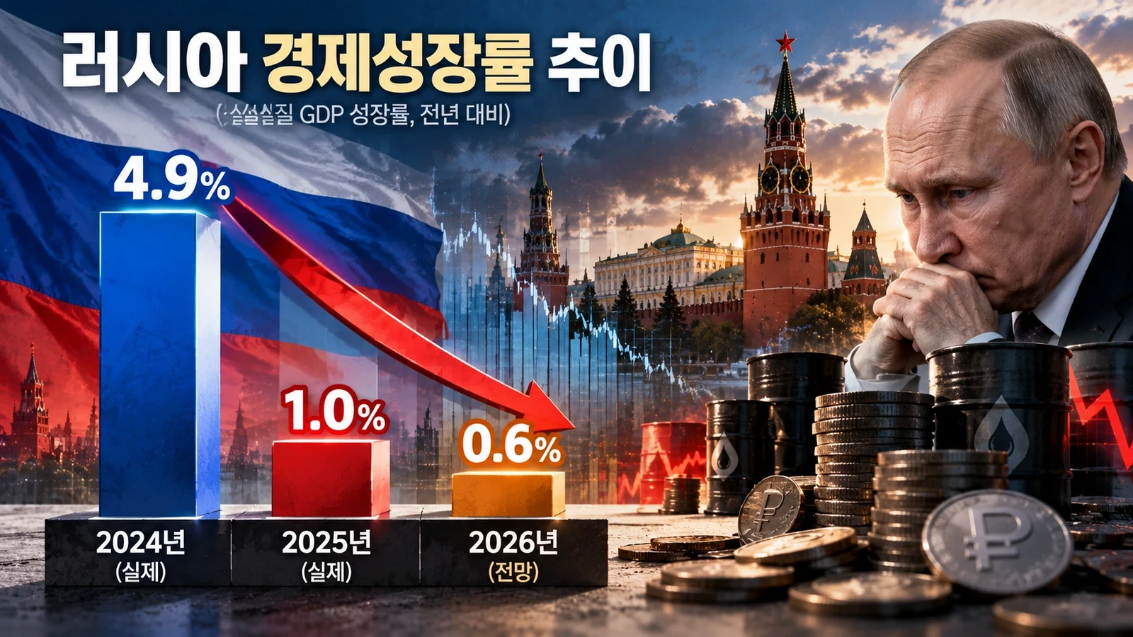 러시아의 2024년과 2025년 실제 경제성장률 및 2026년 전망치를 비교한 경제 인포그래픽