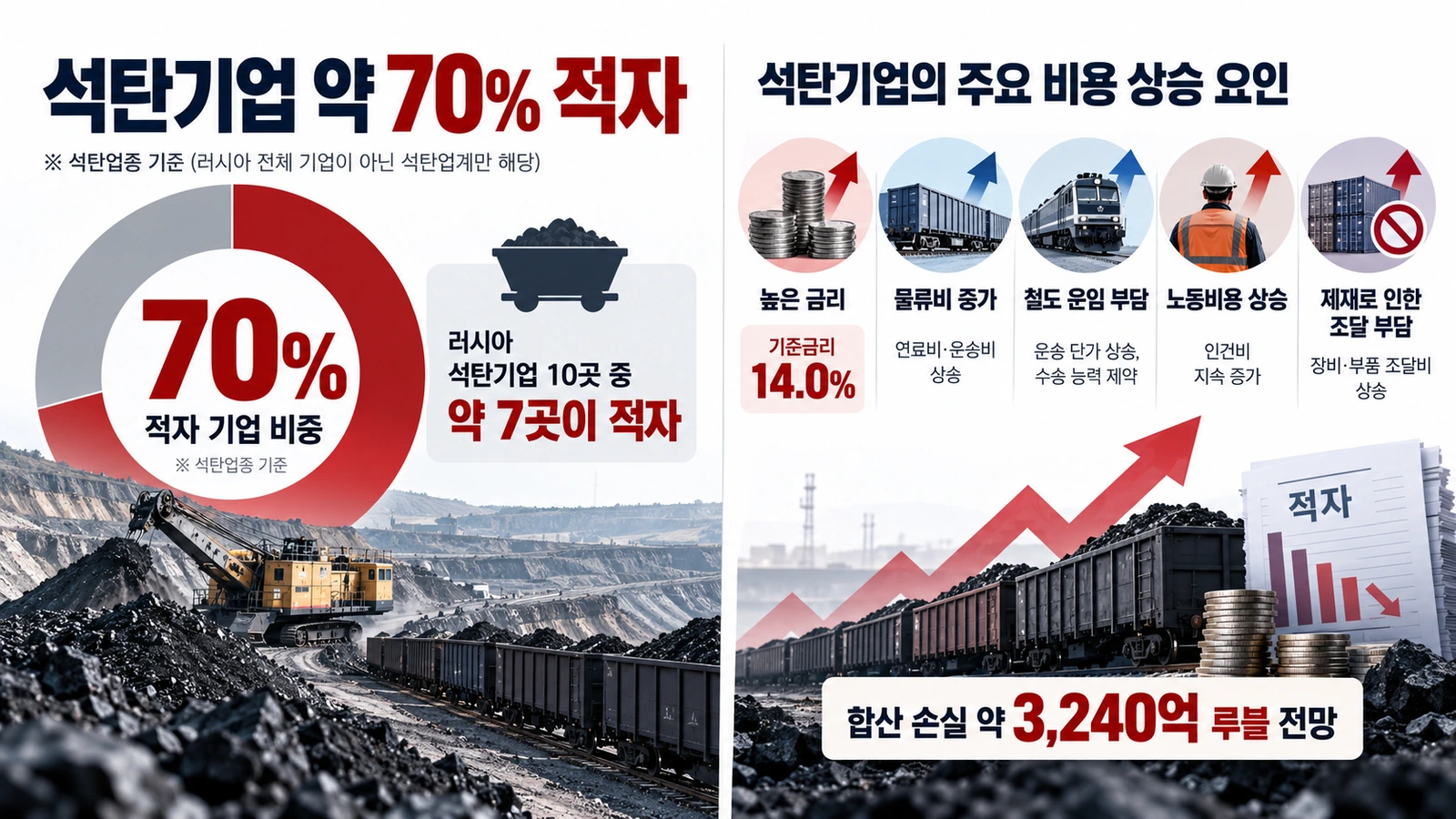 러시아 석탄기업의 적자 비중과 고금리 및 운송비 부담을 설명한 산업경제 인포그래픽