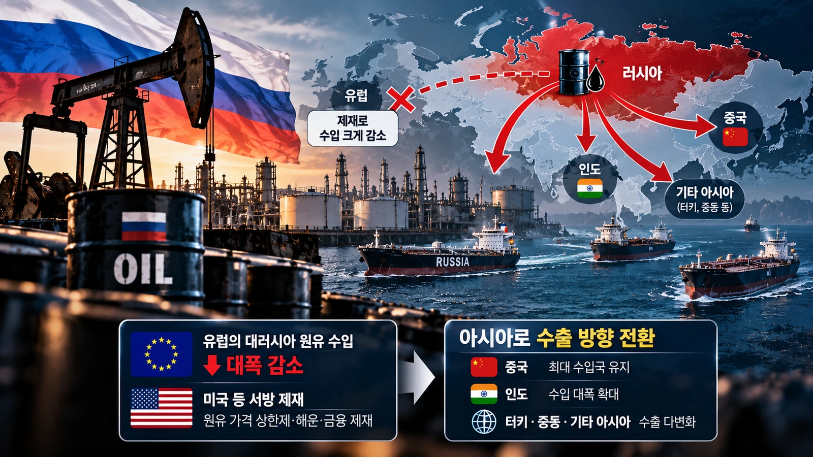 러시아산 원유가 중국과 인도로 이동하는 수출 경로와 유럽연합의 가격상한 및 석유제품 제재 구조를 설명한 지도형 인포그래픽