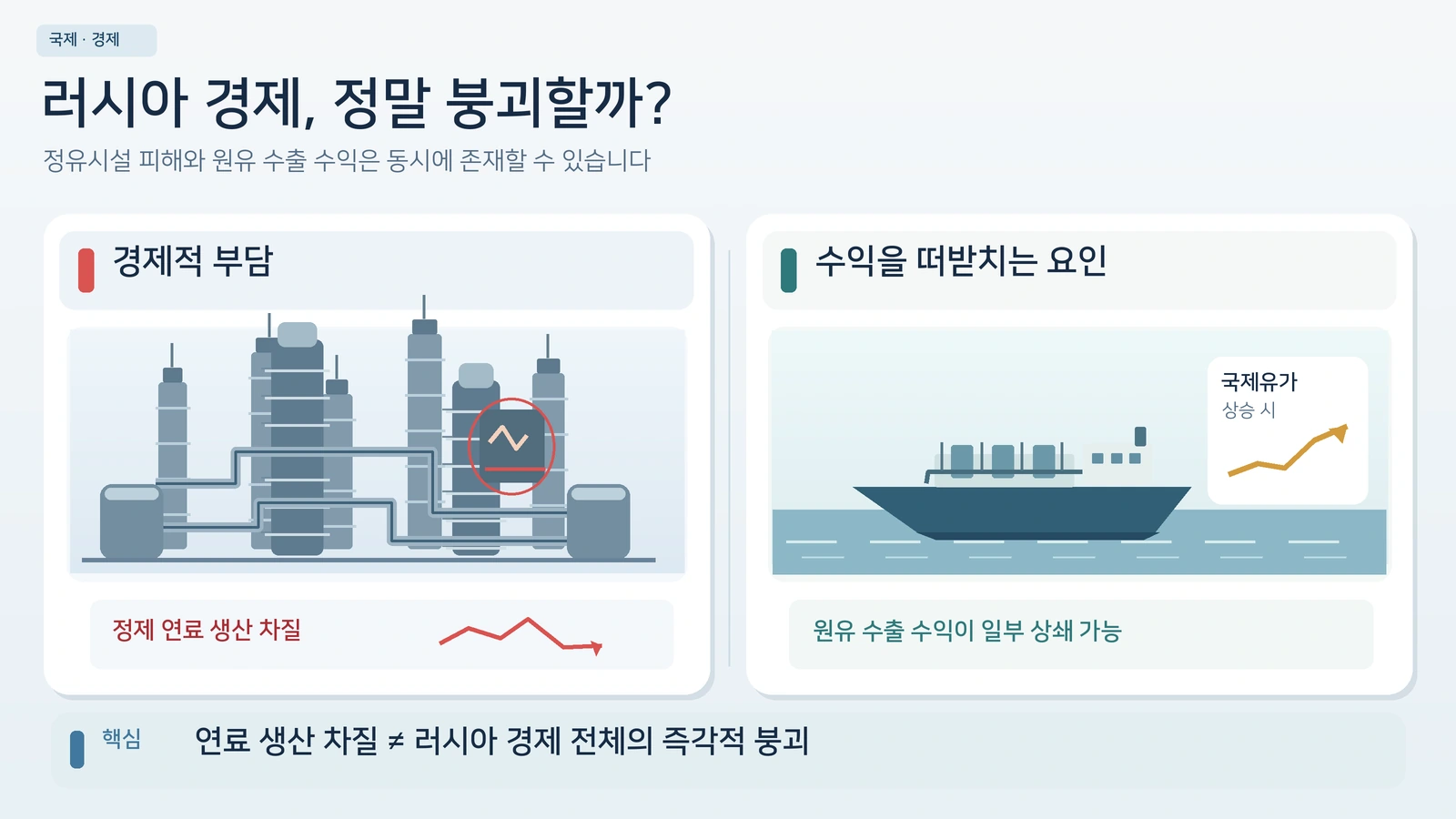 러시아 경제에 대한 정유시설 공격의 부담과 국제유가 상승에 따른 수입 증가 효과를 함께 보여주는 균형형 인포그래픽