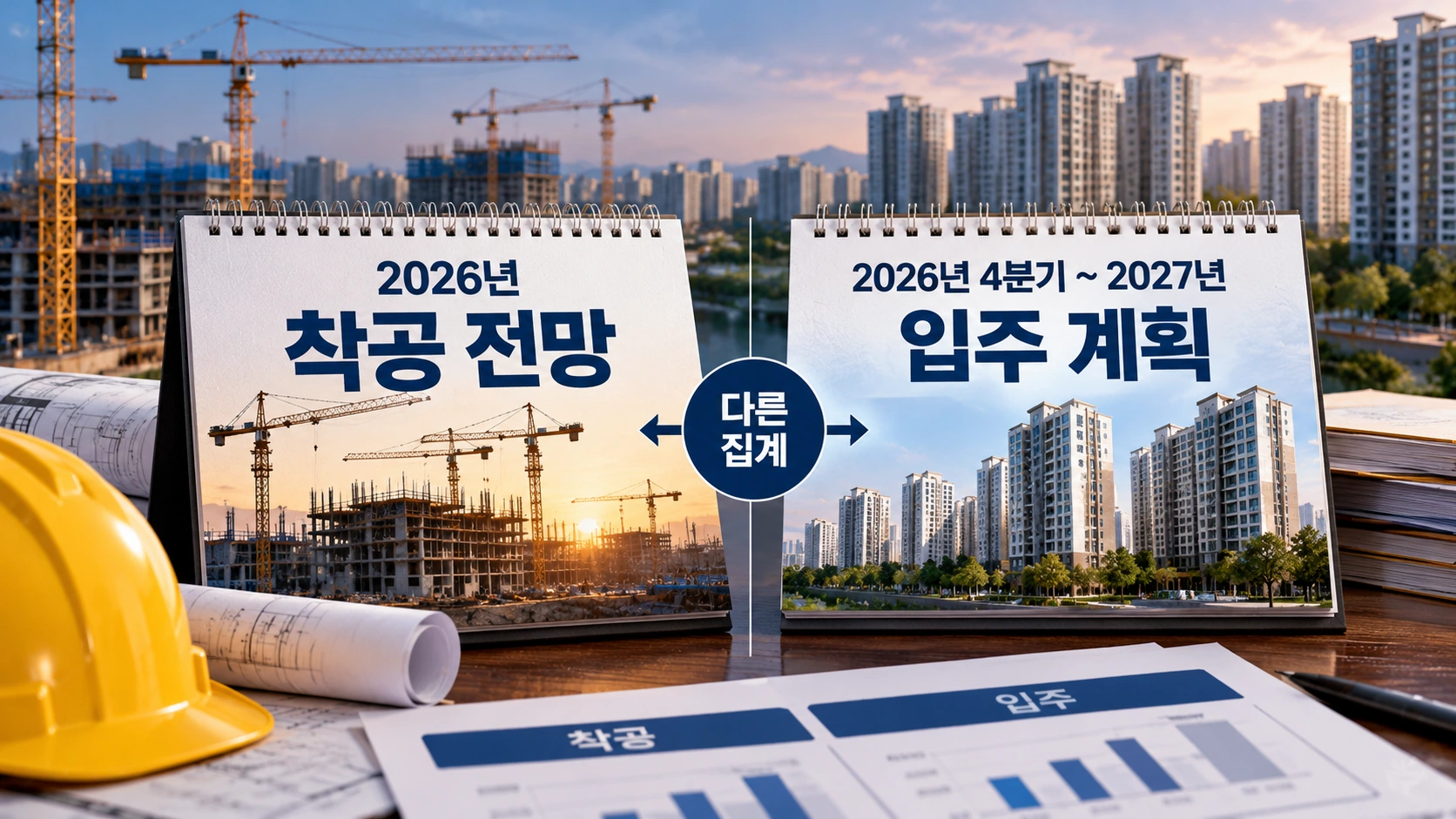 2026년 수도권 주택 착공 전망과 2026년 4분기부터 2027년 말까지 공적주택 10만 호 입주 계획을 서로 다른 일정으로 비교한 그림