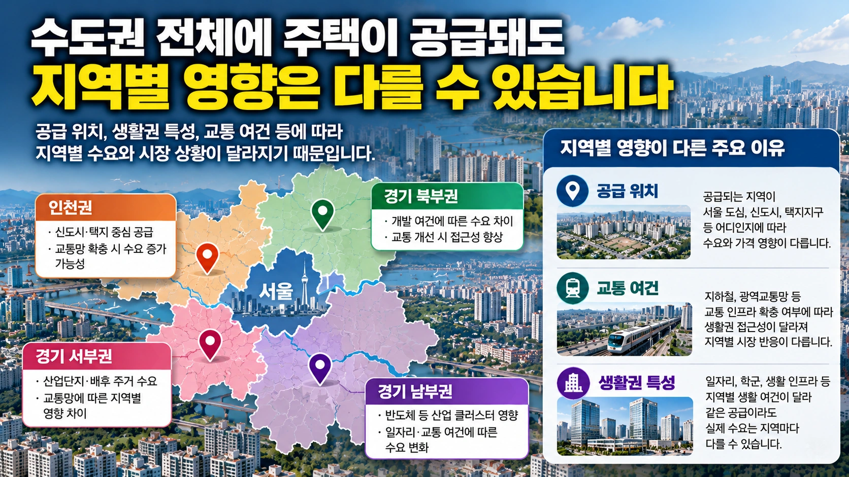 주택 착공 발표와 실제 입주까지의 시간차 및 지역별 주택 수요 차이를 설명하는 그래픽