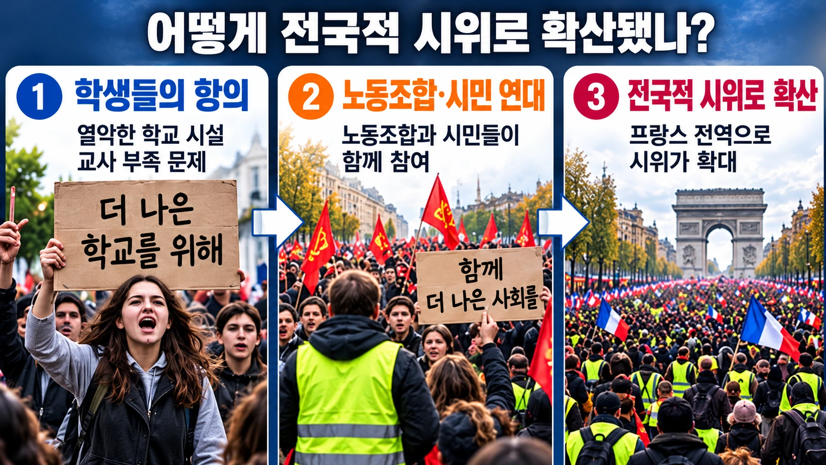 `프랑스 학생들의 교사 부족과 열악한 학교시설 항의가 노동조합과 시민의 전국 시위로 확산되는 흐름도`