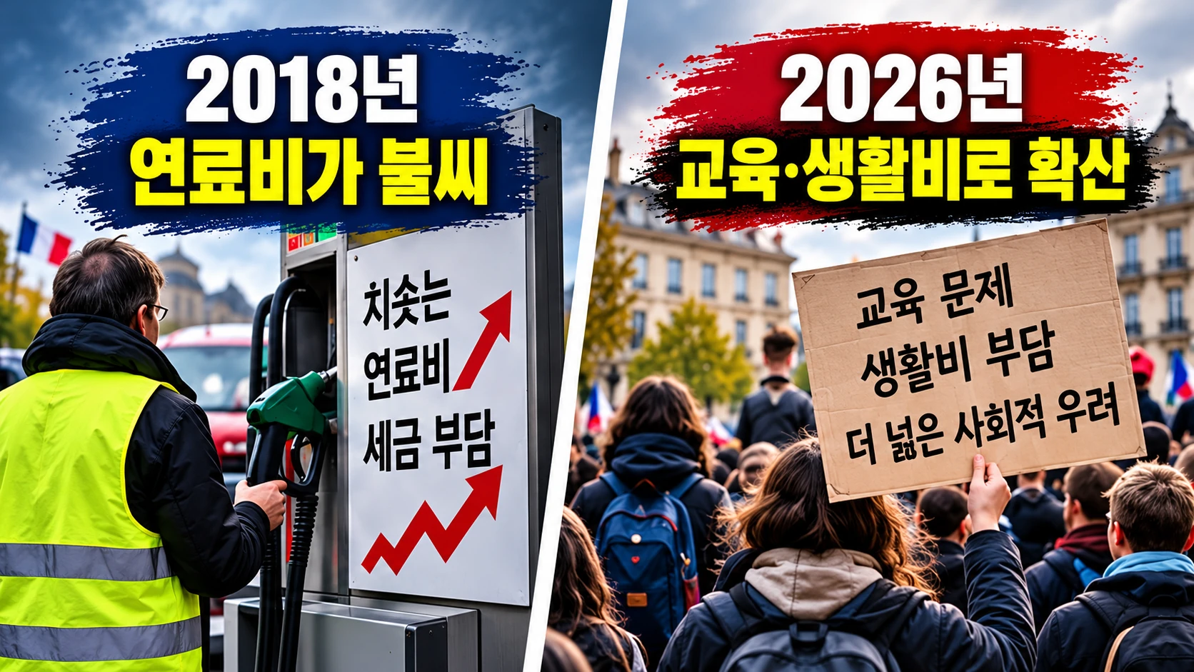 `2018년 연료세 반대에서 출발한 노란 조끼 운동과 2026년 교육·생활비 연대 시위를 비교한 일러스트`