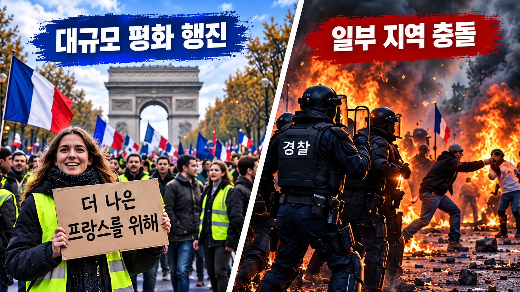 `프랑스 시위에서 평화적으로 행진한 시민들과 일부 지역의 폭력 충돌을 구분해 보여주는 비교 일러스트`