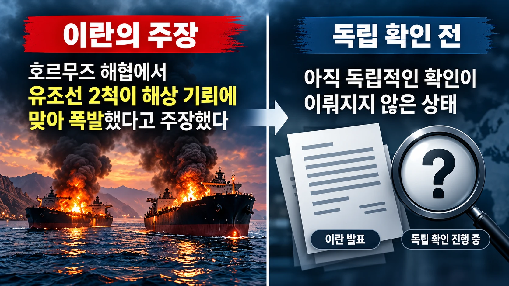 `이란 혁명수비대의 유조선 2척 기뢰 피격 주장과 독립적으로 확인되지 않은 사항을 나누어 보여주는 비교 인포그래픽`
