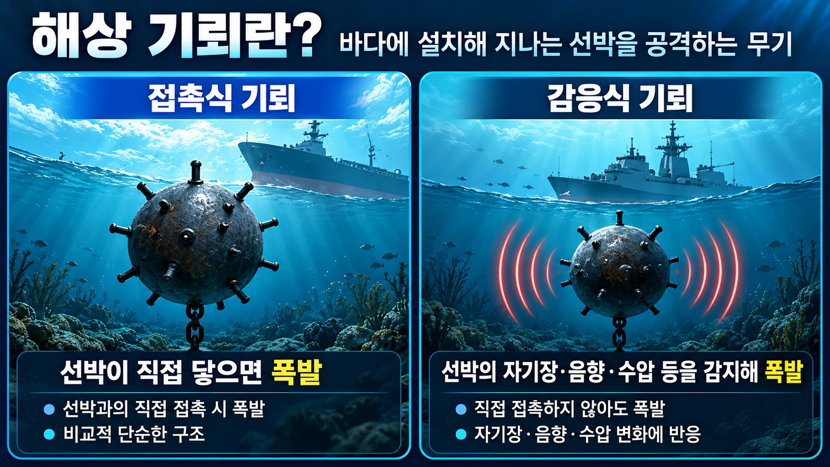 `해상 기뢰의 접촉식과 감응식 작동 개념을 유조선의 선체 및 바닷속 위치와 함께 비교한 교육용 인포그래픽`
