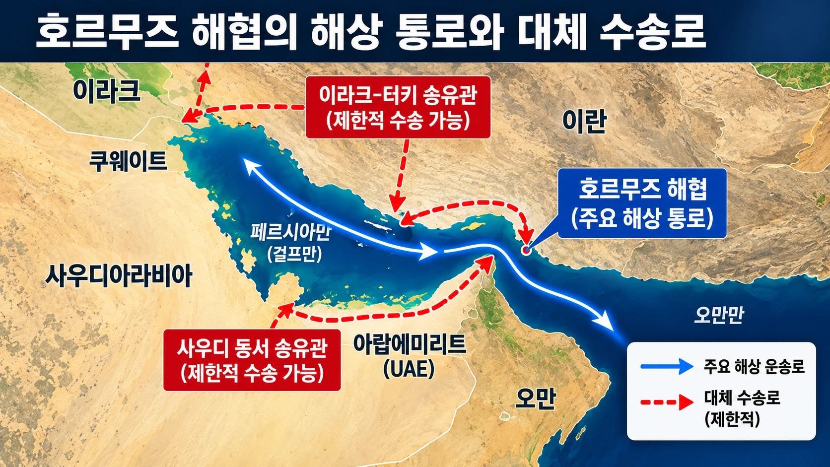 `호르무즈 해협을 이용하는 중동 원유 수출과 사우디아라비아·아랍에미리트 우회 송유관의 제한적인 역할을 비교한 도식`