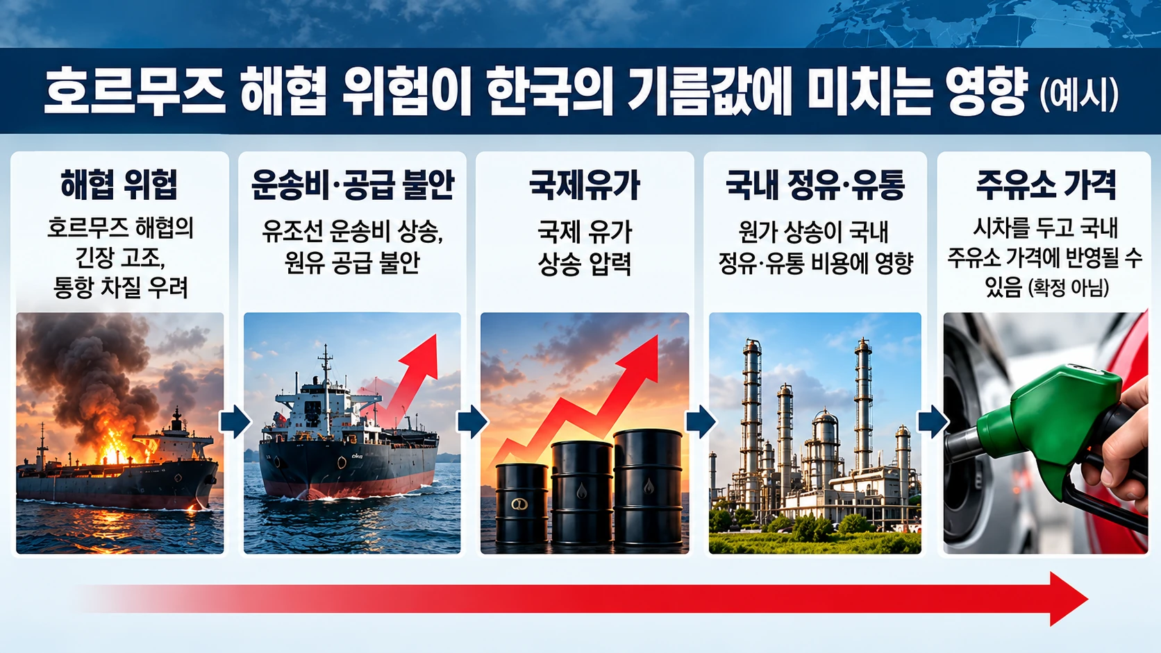 `호르무즈 해협 위험이 원유 운송비와 국제유가를 거쳐 한국 휘발유·경유 및 생활물가에 영향을 주는 경로를 설명한 인포그래픽`