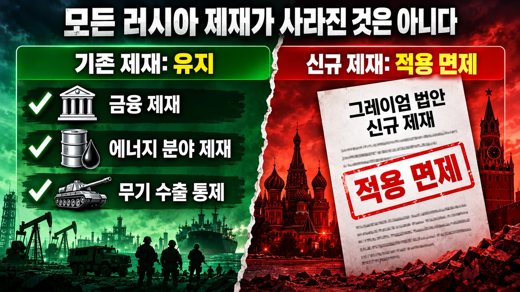 미국의 기존 대러시아 제재 유지와 신규 그레이엄법 제재 적용 면제의 차이를 비교한 인포그래픽