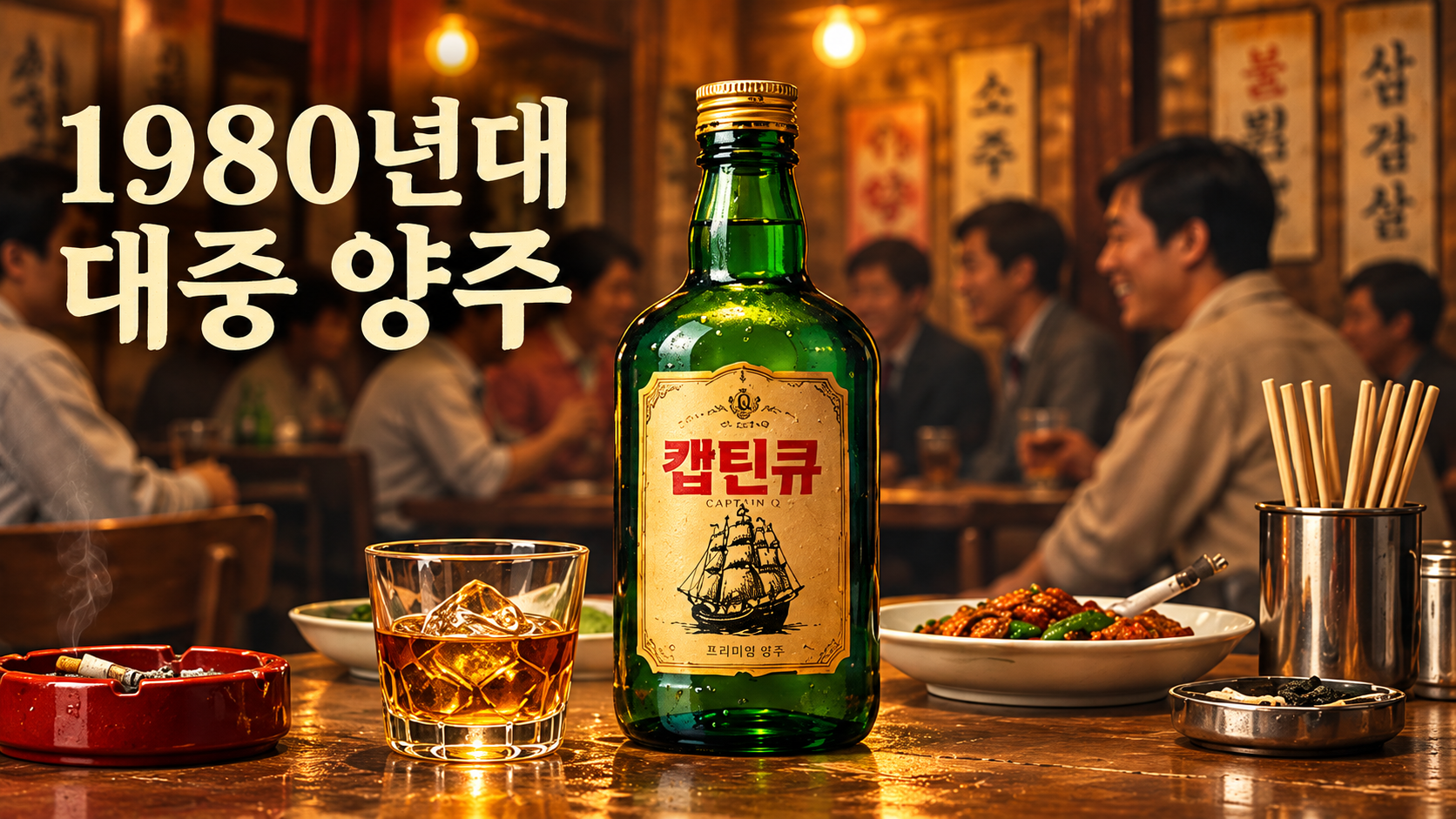 1980년대 한국의 대중적인 술자리와 당시 인기를 얻었던 캪틴큐를 표현한 복고풍 일러스트
