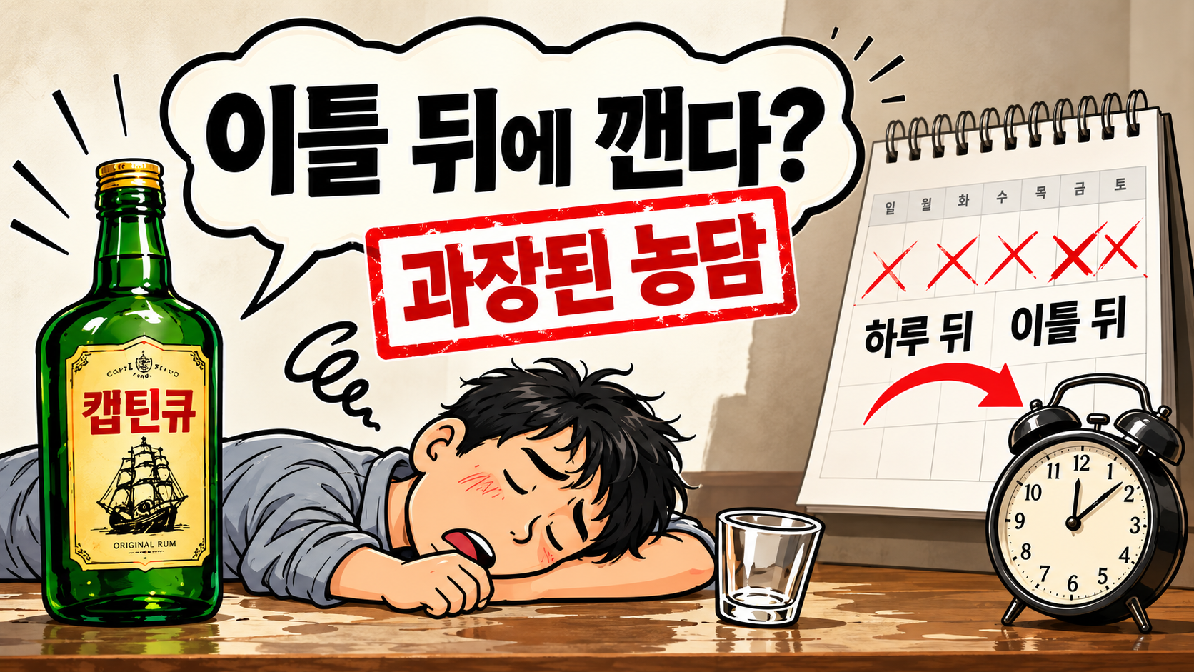 캪틴큐를 둘러싼 이틀 뒤에 깬다는 옛날 농담과 실제 숙취의 차이를 표현한 설명 일러스트