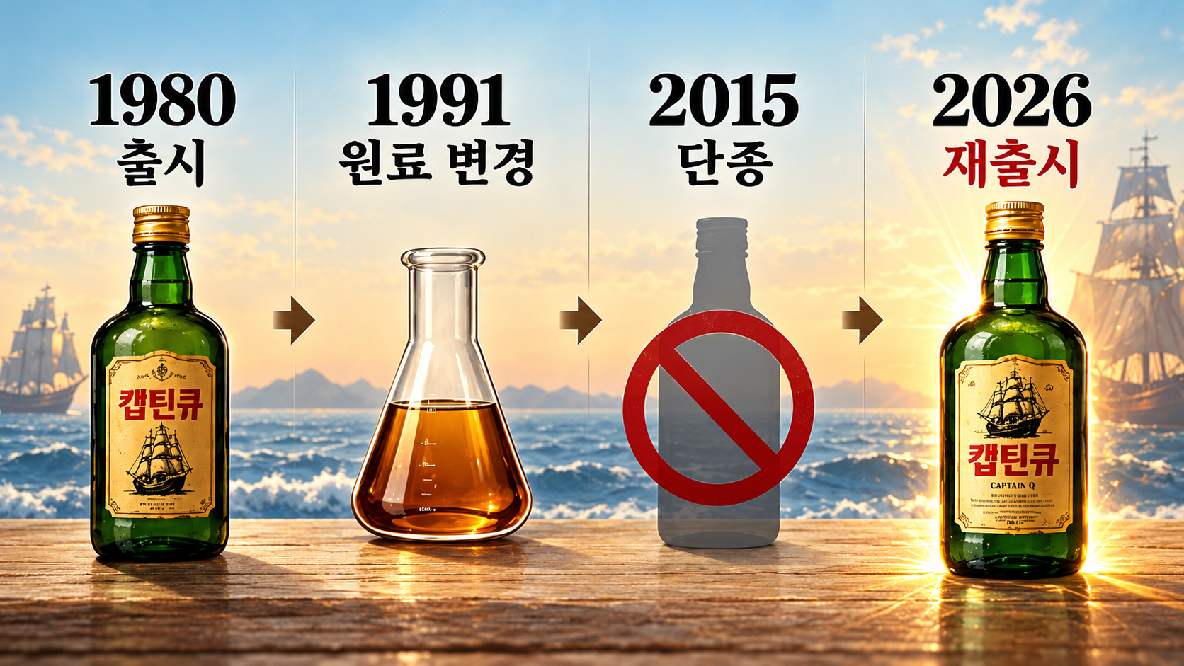 캪틴큐의 1980년 출시부터 1991년 원료 변경, 2015년 단종, 2026년 재출시까지의 역사를 정리한 타임라인