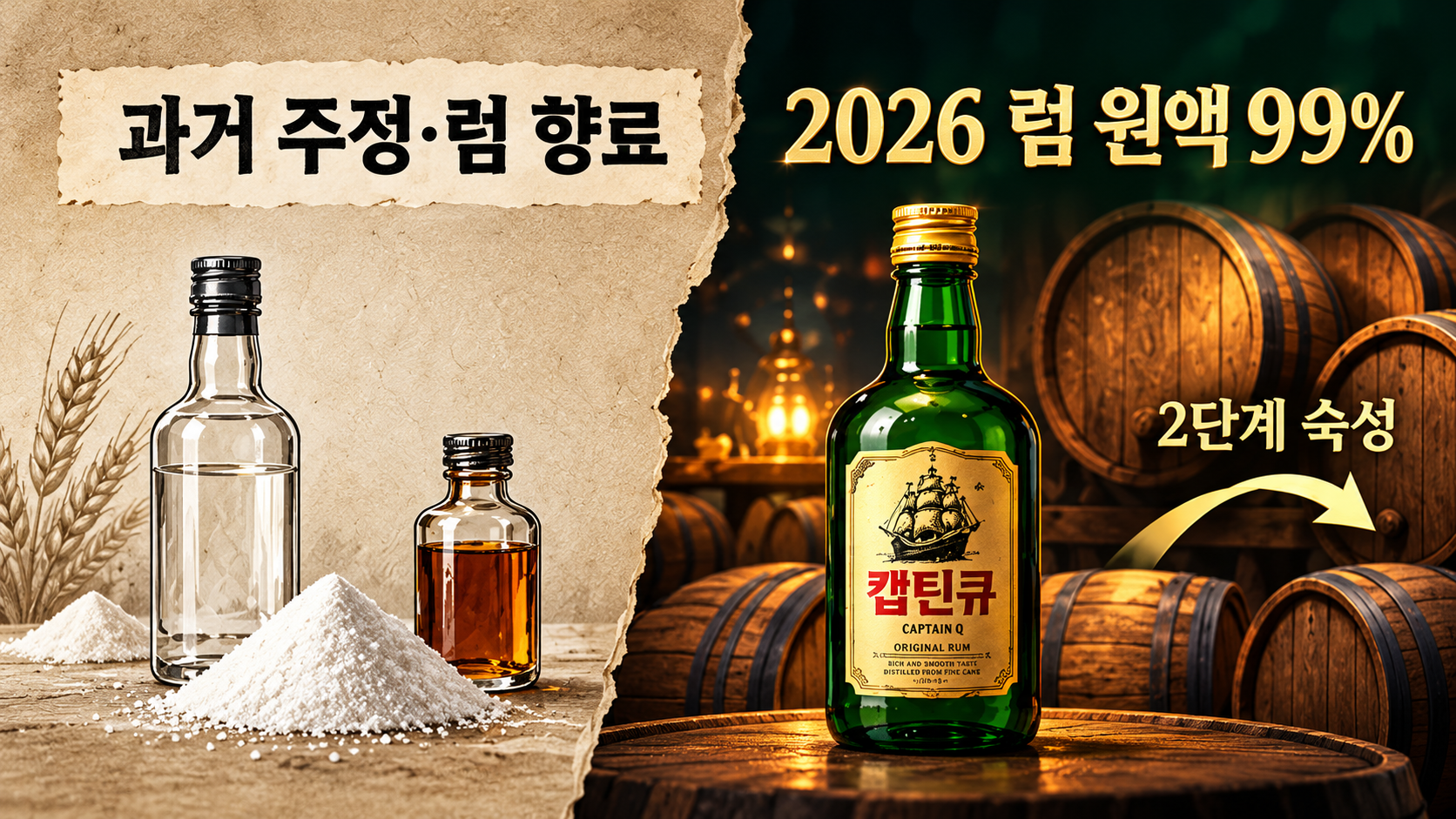 1991년 이후의 캪틴큐 제조 방식과 2026년 럼 원액 99%를 사용한 새 캪틴큐를 비교한 인포그래픽