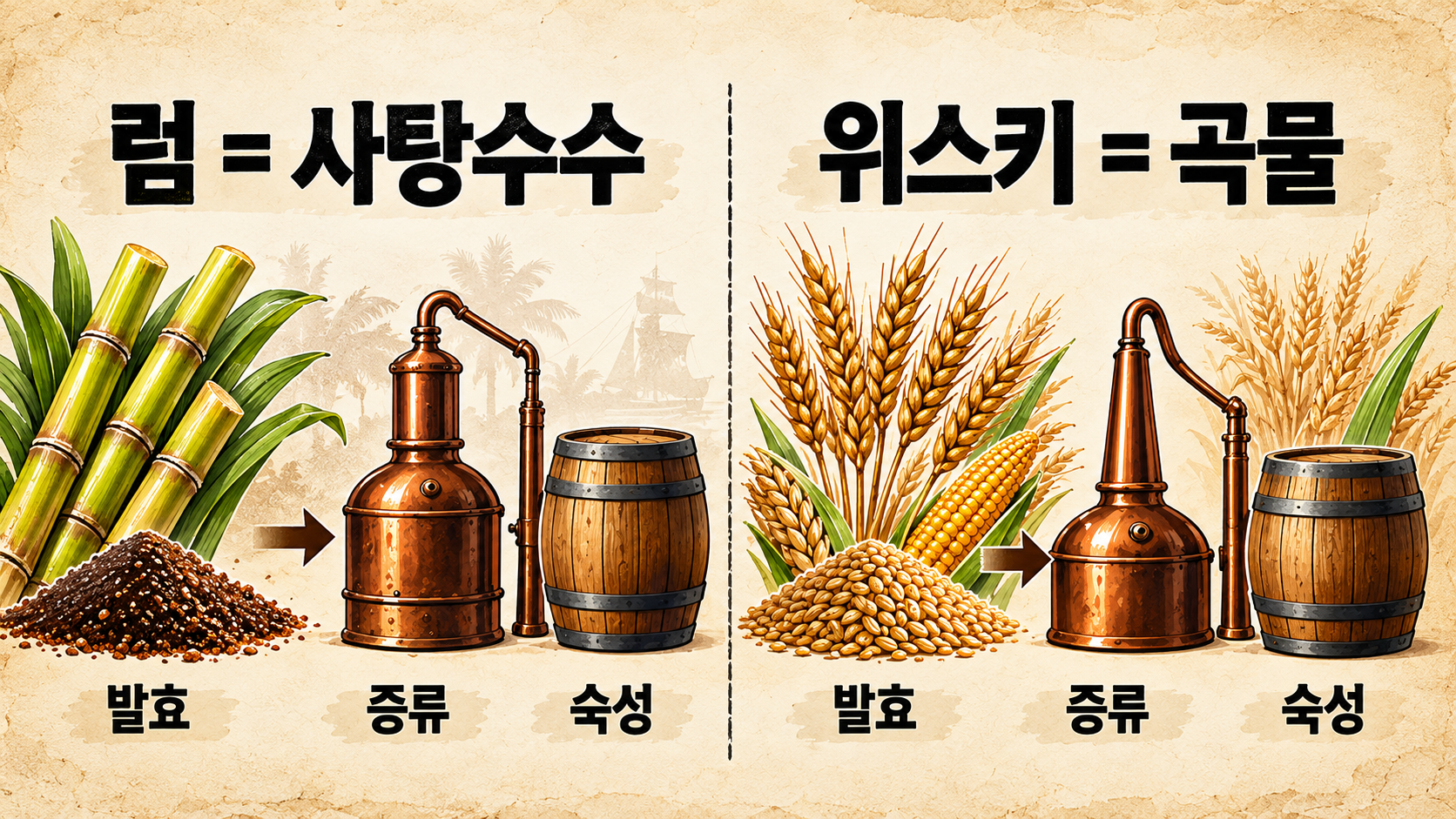 사탕수수로 만드는 럼과 곡물로 만드는 위스키의 원료 차이를 설명한 비교 인포그래픽