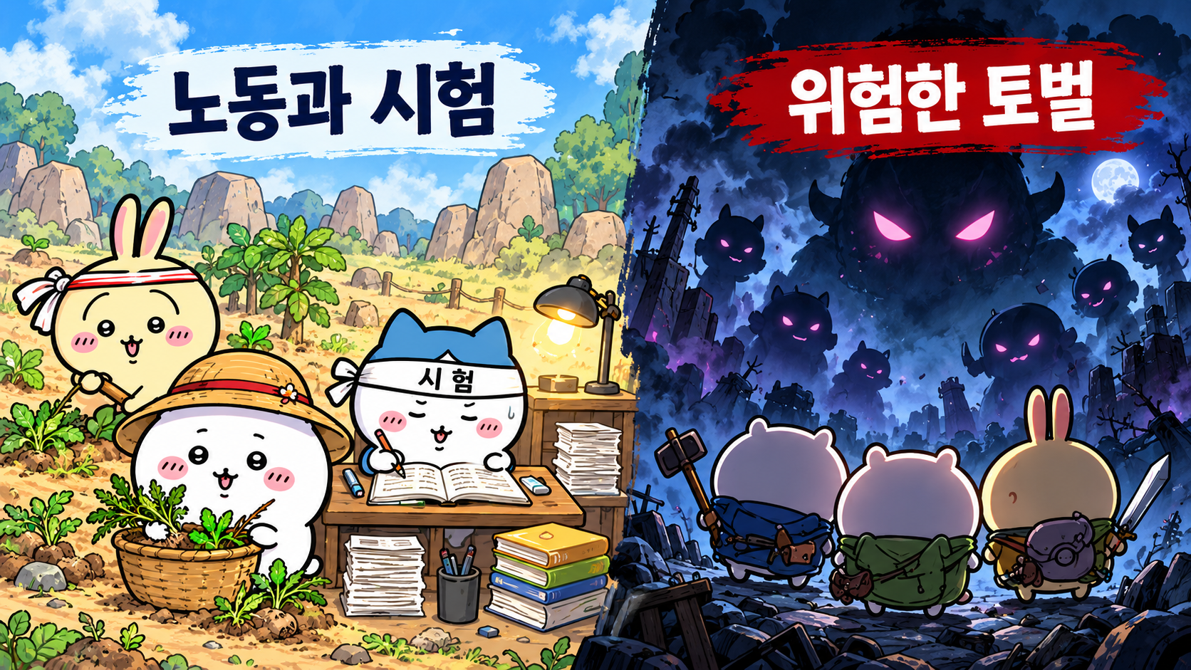 귀여운 치이카와 캐릭터들이 풀 뽑기 노동과 자격증 공부, 위험한 토벌을 하는 모습을 비교한 일러스트