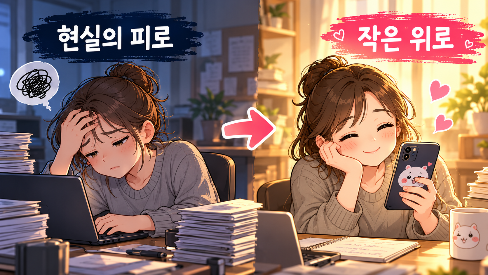 업무에 지친 성인이 치이카와 이야기를 보며 공감과 위로를 얻는 과정을 표현한 일러스트