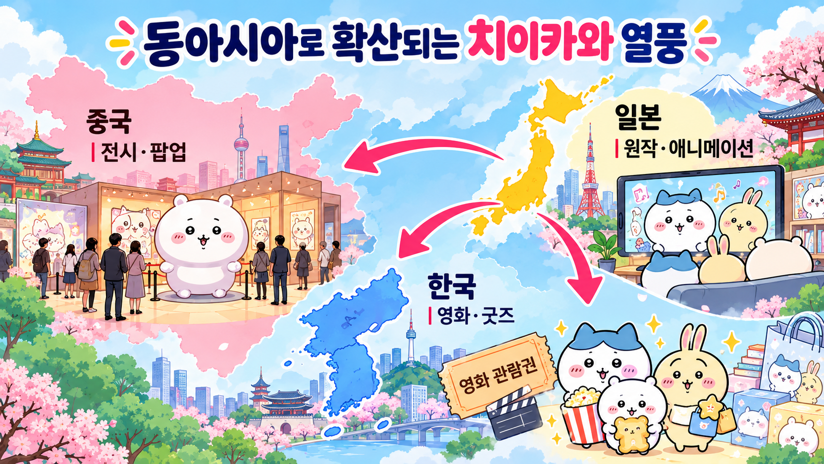 일본에서 출발한 치이카와가 한국의 영화와 굿즈 시장, 중국의 대형 전시 행사로 확산한 모습을 보여주는 동아시아 문화 지도