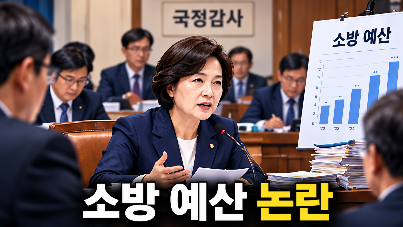 경기도 국정감사에서 소방 예산과 지방재정 부담을 설명하는 추미애 경기도지사의 발언 상황을 표현한 일러스트