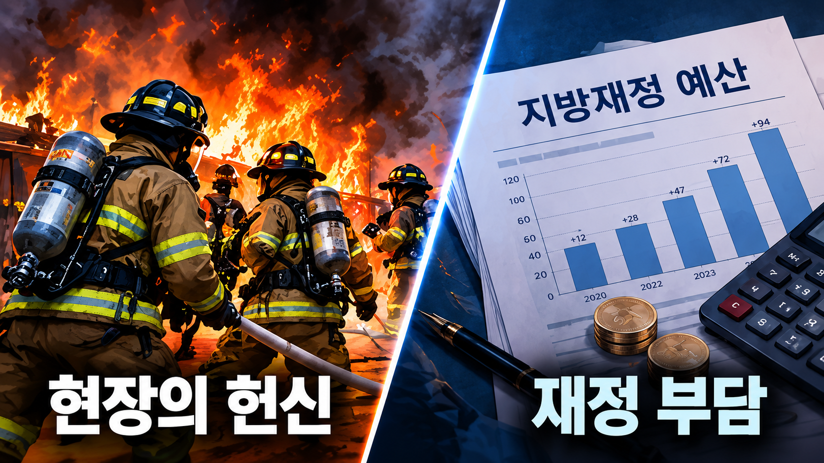소방관의 현장 헌신과 지방정부의 예산 부담이라는 서로 다른 관점을 비교한 인포그래픽