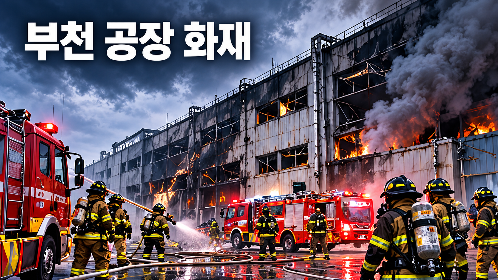 부천 공장 화재 현장에서 소방관들이 화재 진압에 나서는 모습을 절제된 분위기로 표현한 추모 일러스트