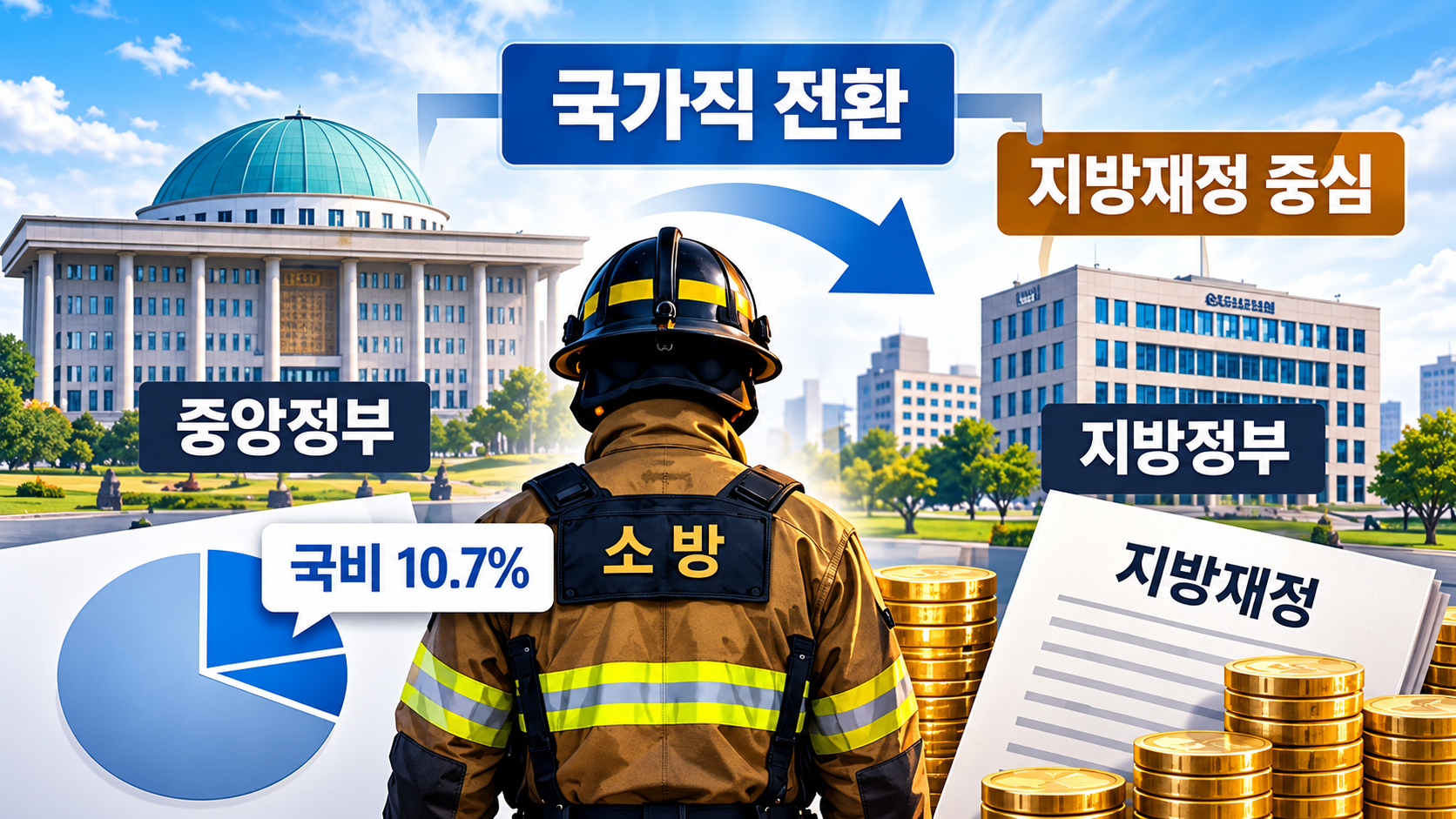 국가직 소방공무원 제도와 국가·지방정부의 소방 예산 부담 구조를 비교한 인포그래픽