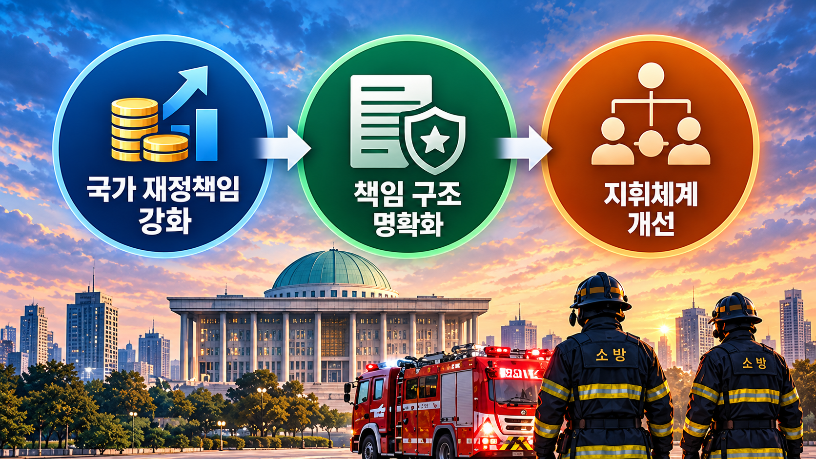 소방 재정의 국가 책임 확대와 지방 소방 서비스 개선 방안을 세 가지로 정리한 인포그래픽