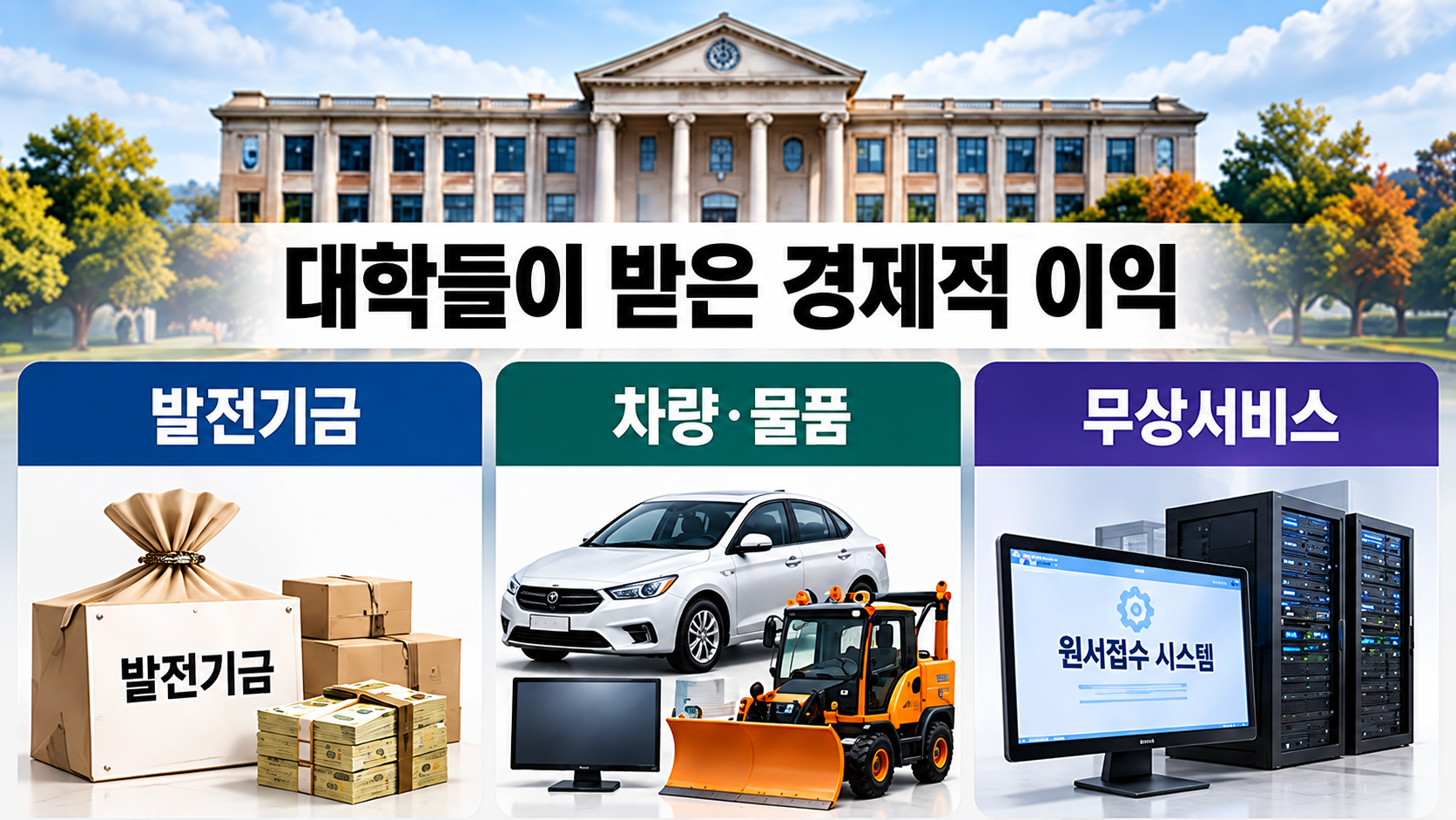 대학 원서접수 업체가 대학에 제공한 발전기금과 차량, 컴퓨터, 제설기 및 입시 서비스를 분류한 인포그래픽