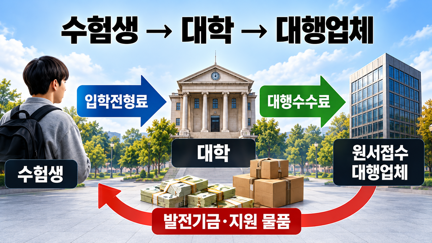 수험생이 낸 입학전형료 일부가 대학을 거쳐 원서접수 대행업체에 지급되는 구조를 보여주는 흐름도