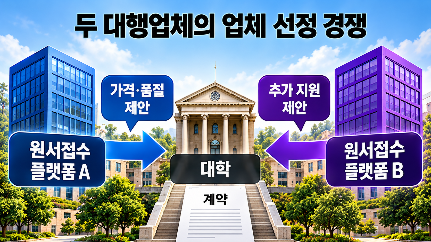 대학의 원서접수 대행업체 선정 과정에서 가격과 시스템 품질, 발전기금 지원이 서로 경쟁하는 구조를 나타낸 인포그래픽