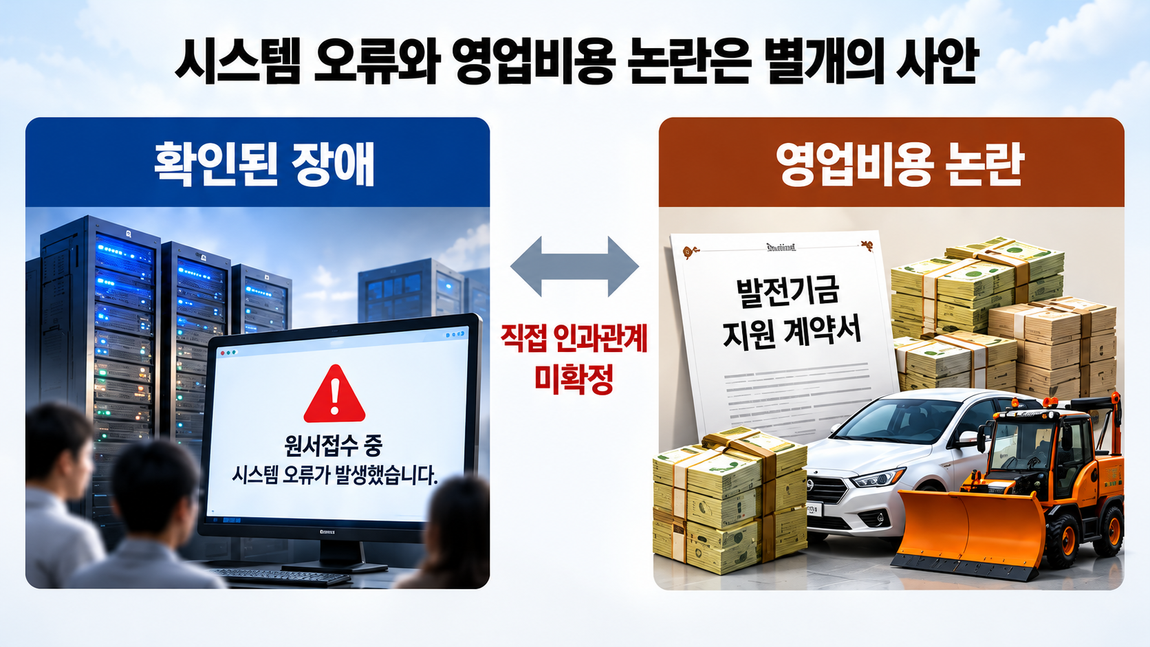 대입 원서접수 시스템 오류와 대행업체의 영업 비용 문제를 직접 원인과 별도의 논란으로 구분한 설명 그래픽