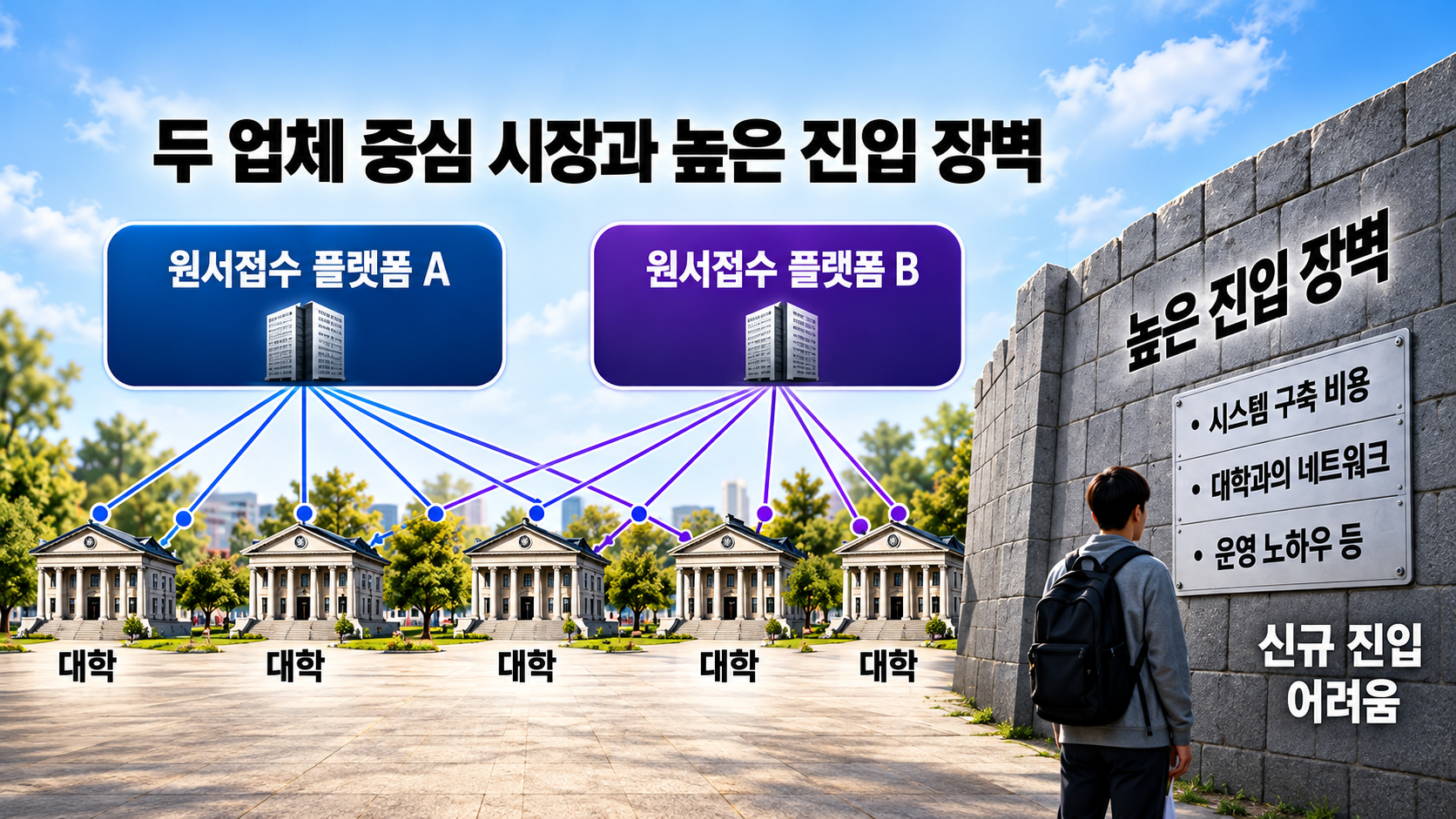 유웨이어플라이와 진학어플라이가 대학 인터넷 원서접수 시장을 양분하는 구조와 신규 업체의 진입 장벽을 보여주는 인포그래픽