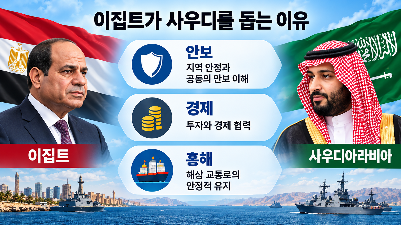 이집트와 사우디아라비아 사이의 안보협력, 경제지원, 홍해 해상안전 관계를 설명하는 인포그래픽