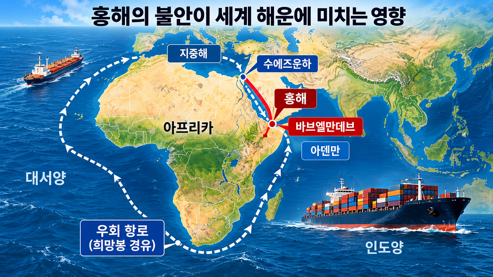 이집트 수에즈운하에서 홍해와 바브엘만데브 해협을 거쳐 인도양으로 연결되는 해상 물류 경로를 보여주는 지도형 인포그래픽