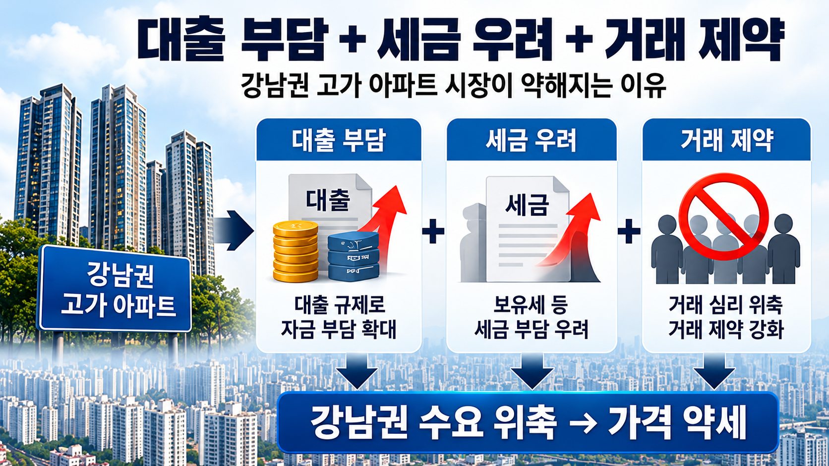 고가 아파트 매수자의 대출 부담과 세금 우려, 거래 규제가 주택 매수 심리에 영향을 주는 구조를 설명한 그림