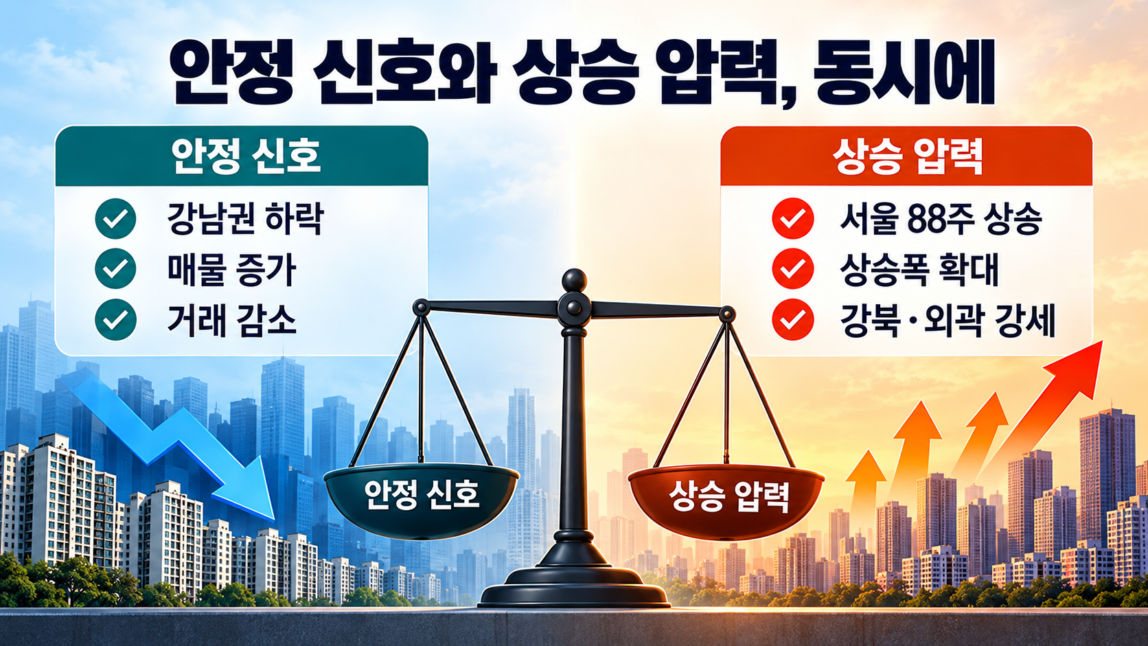 주택시장 안정을 보여주는 지표와 여전히 상승 압력을 보여주는 지표를 비교한 인포그래픽