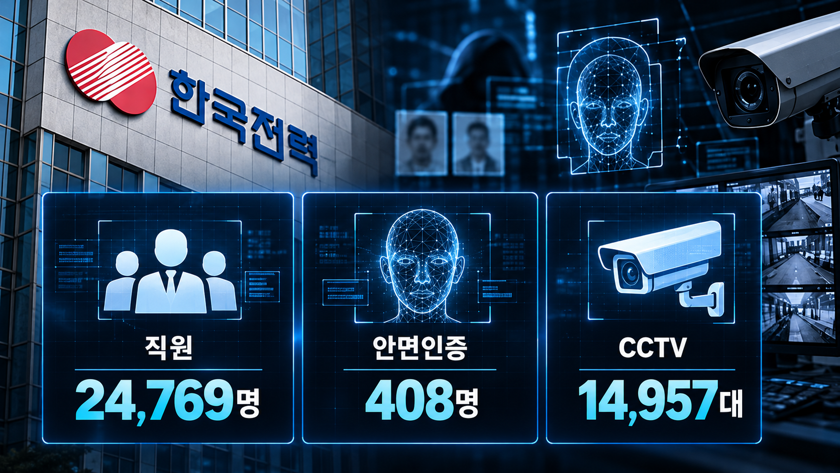 한전 직원 개인정보 2만4769명, 안면인증 정보 408명, CCTV 접속정보 14957대 등 노출 정보의 종류를 구분한 인포그래픽