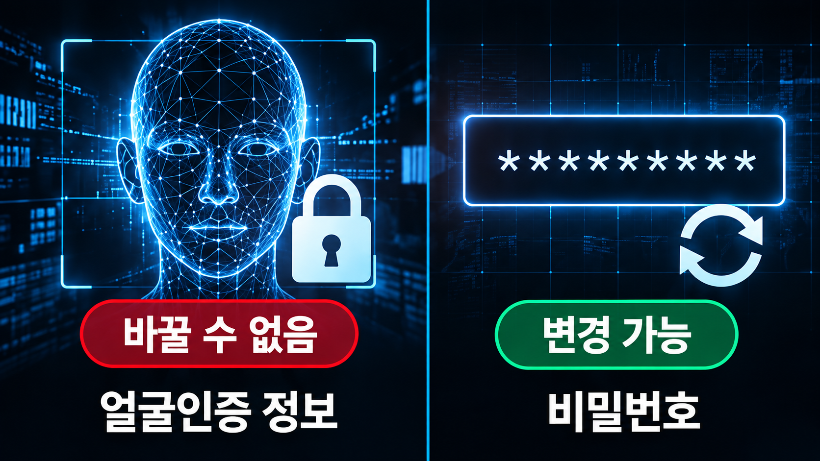 변경할 수 있는 일반 비밀번호와 신체 특징 자체를 바꿀 수 없는 얼굴 생체인식정보의 차이를 비교한 그림