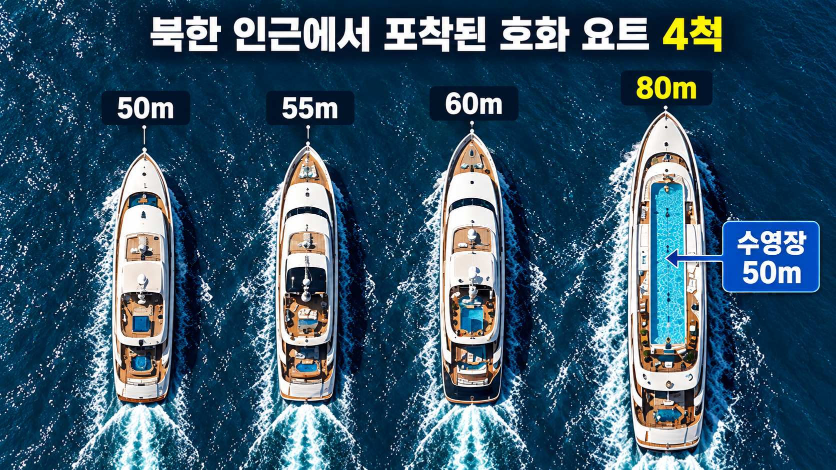 북한 원산에서 포착된 길이 50m 55m 60m 80m 선박 4척의 크기와 80m 선박의 50m 수영장을 비교한 인포그래픽