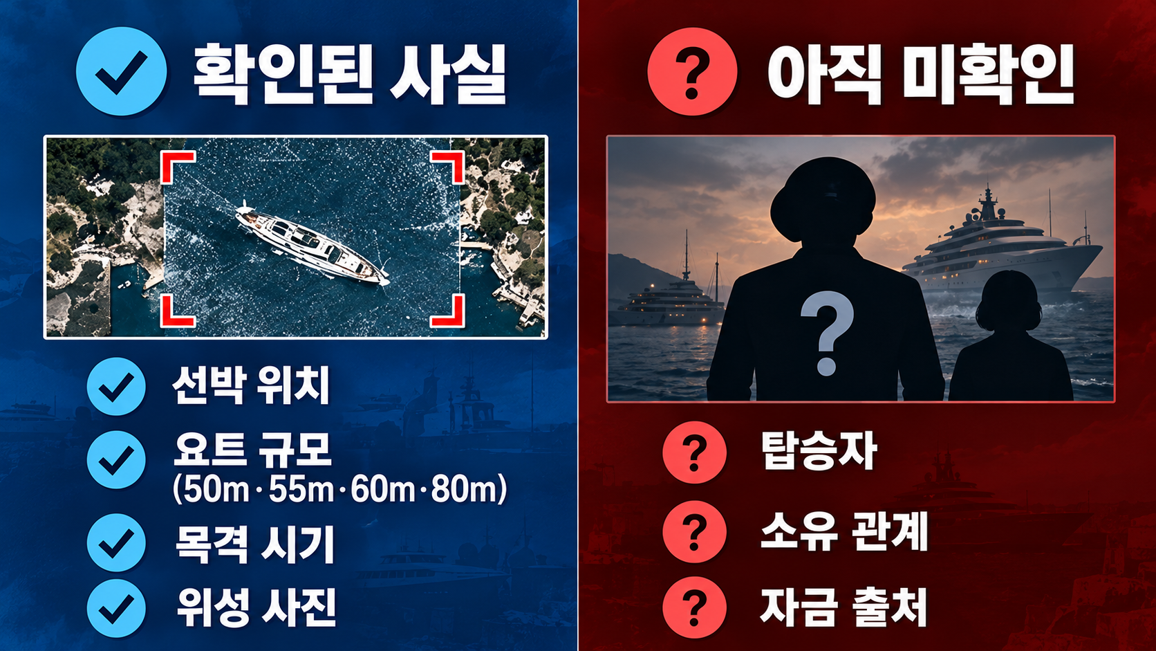 원산 호화 선박의 위성사진으로 확인된 사실과 김정은 탑승 및 소유 여부처럼 아직 확인되지 않은 사항을 비교하는 인포그래픽